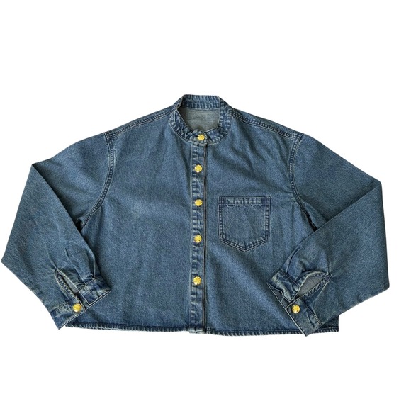 Unbranded Jackets & Blazers - Vintage Style Cropped Boxy Denim Jacket Blue Band Collar L Streetwear Minimalist